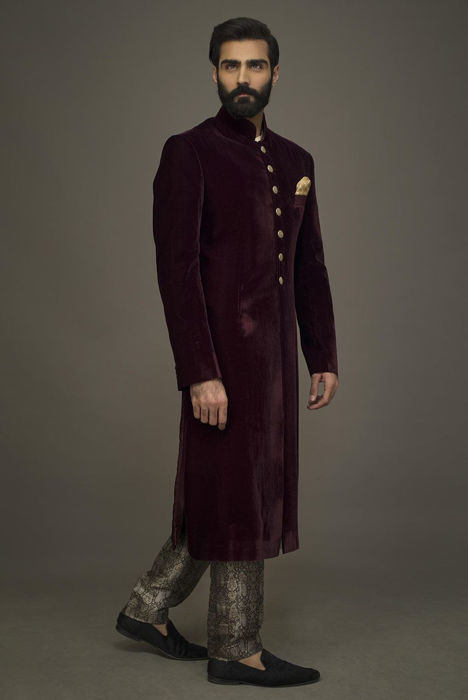 Maroon velvet sherwani